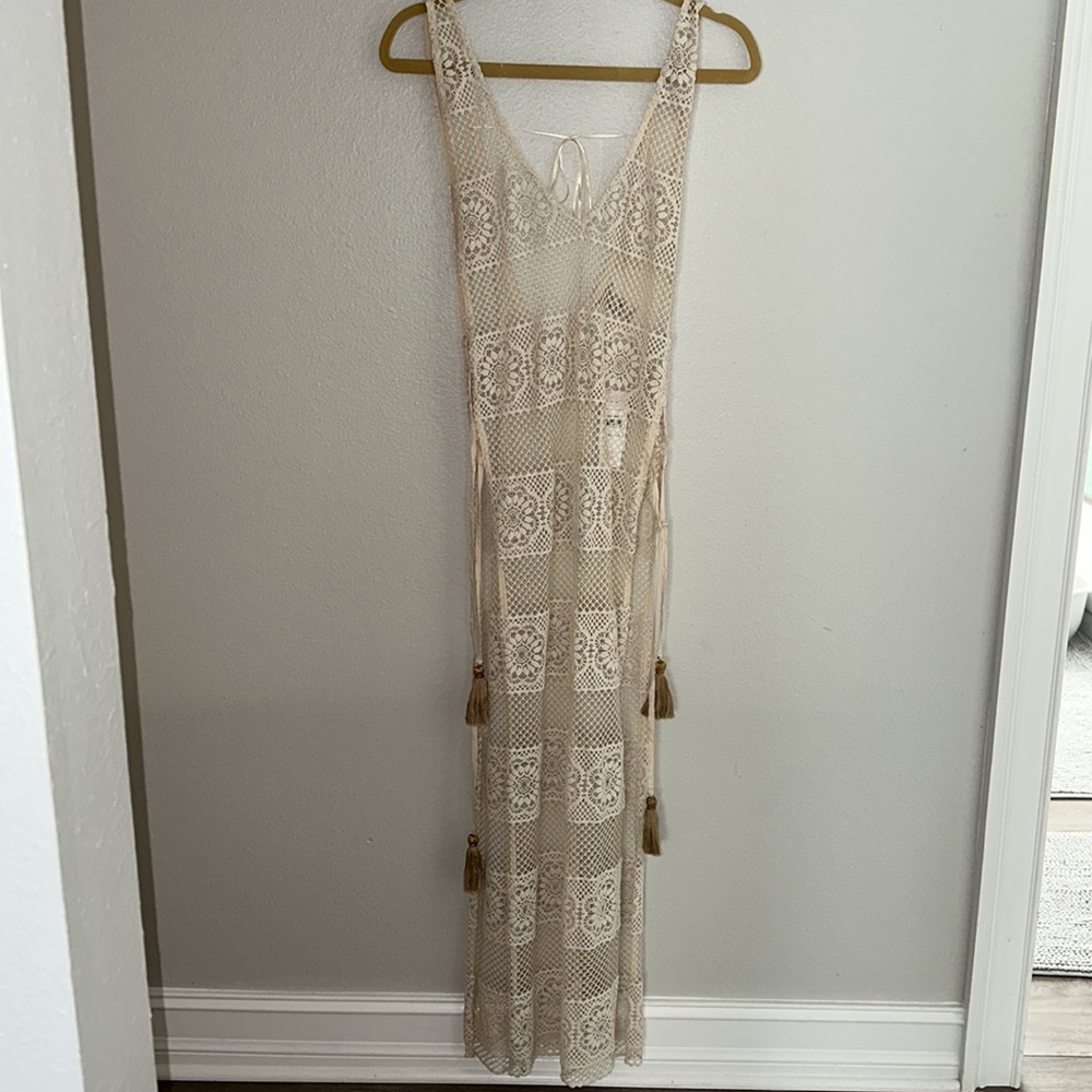 PILYQ *Water Lily Joy* tan lace boho crochet coverup maxi dress XS/S - Picture 5 of 6